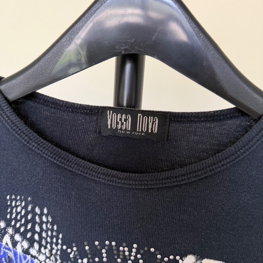 70's Vossa Nova New York City Lights Puff Print Rhinestone Baby Tee Black Small - Picture 2 of 6